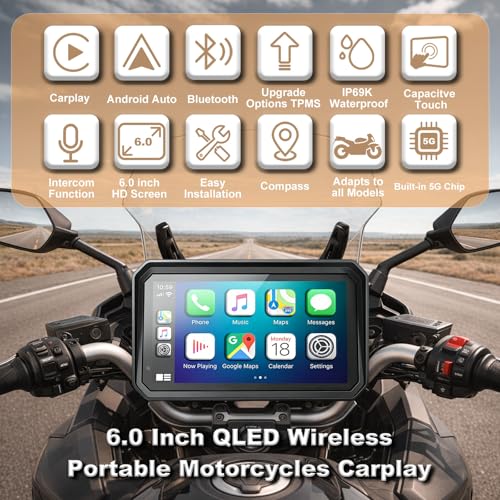 YZW 6" Wireless Motorcycle Carplay with Android Auto, Waterproof GPS Nevigation System Screen for Motorbike, Music Sharing,Vioce Control,Light Sensor, BT,Anti-Theft Design Quick-Release Magnetic Mount - size: 6Inch Screen+Mounting Bracket
