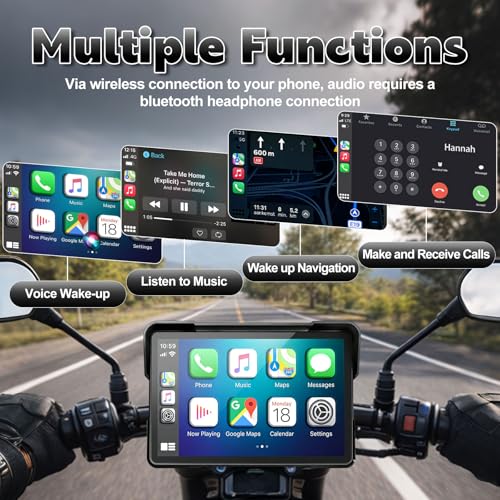 YZW Portable 7 inch Wireless Motorcycle Carplay GPS Screen with Android Auto, Navigation System Quick Release, Anti-thef, Bluetooth, Siri, Google Asistant, Light Sensor, Music Sharing,Vioce Control - size: 7Inch Screen+Mounting Bracket