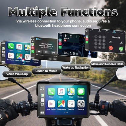YZW Portable 7 inch Wireless Motorcycle Carplay GPS Screen with Android Auto, Navigation System Quick Release, Anti-thef, Bluetooth, Siri, Google Asistant, Light Sensor, Music Sharing,Vioce Control - size: 7Inch Screen+Mounting Bracket