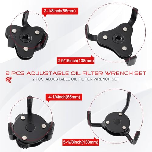 Universal 3-Jaw Oil Filter Wrench Set, Adjustable (55-130mm),Oil Filter Removal Tool, Diameters for 1/2 & 3/8 in Drive,for Engine Filters, Conduit, & Fittings