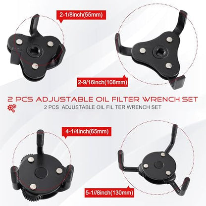 Universal 3-Jaw Oil Filter Wrench Set, Adjustable (55-130mm),Oil Filter Removal Tool, Diameters for 1/2 & 3/8 in Drive,for Engine Filters, Conduit, & Fittings