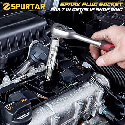 Spurtar 14mm Spark Plug Socket 12-Point Thin Wall 3/8" Drive Spring Clips Spark Plug Removal Tool Compatible with BMW, Mercedes, Nissan, Motorcycle, Car, SUV CRV Steel Wrench - size: 14mm Spring Clip