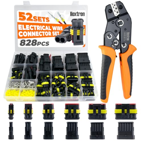 828Pcs 52 Sets Waterproof Automotive Electrical Wire Connectors with Ratcheting Wire Crimper, 1/2/3/4/5/6 Pin Plug Connectors Kit Water proof Connector