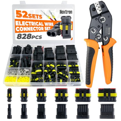 828Pcs 52 Sets Waterproof Automotive Electrical Wire Connectors with Ratcheting Wire Crimper, 1/2/3/4/5/6 Pin Plug Connectors Kit Water proof Connector