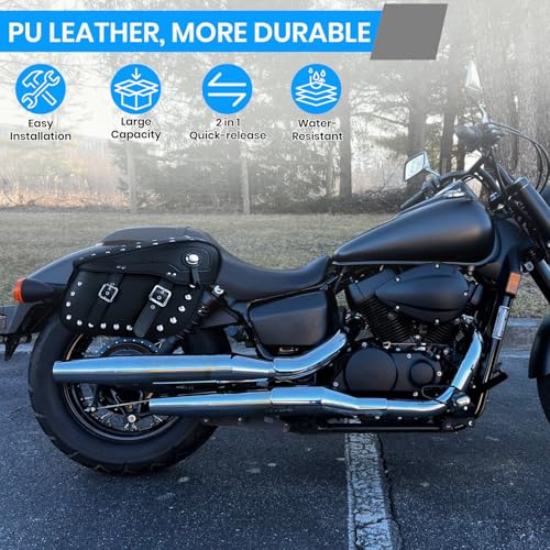 Pair of Motorcycle Saddlebags with Studded Rivet Design, 30L Large Capacity Water-Resistant PU Leather Bags, Quick-Release with Braided Straps