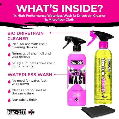 Muc-Off Waterless Wash 750 ml & Bio Drivetrain Cleaner 500ml Bundle | High-Performance Bike Cleaning Kit | Spray & Wipe Bike Cleaner + Fast-Acting Biodegradable Degreaser - size: 42.26 Fl Oz (Pack of 2)