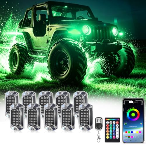 10Pods Full Angle RGB LED Rock Lights Kit with APP/RF Remote Control, 300Chip Underglow Lights with Brake Multicolor Neon Underbody Lights Waterproof 12V for Trucks Pickup Jeep Golf Cart ATV - size: 10 Pods
