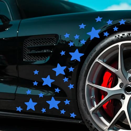 30pcs Star Vinyl Decal for Cars, High Intensity Reflective DIY Stickers for Window Bumper Mirror Laptop Decals Waterproof Night Safety Sign Car Stickers (Blue) - color: Blue