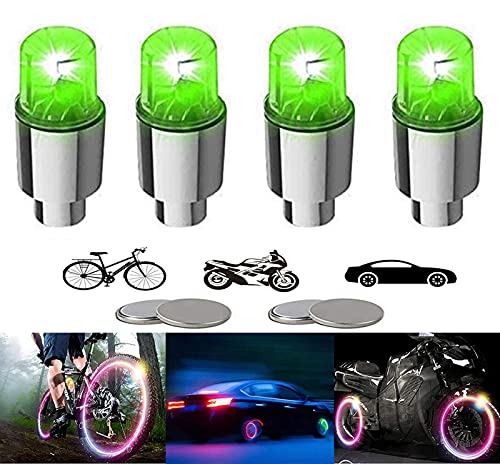 4 Pieces LED Bike Wheel Lights Car Tire Valve Stems Caps Bicycle Motorcycle Waterproof Tyre Spoke Flash Lights Cool Reflector Accessories for Kids Men Women(Green) - color: Green