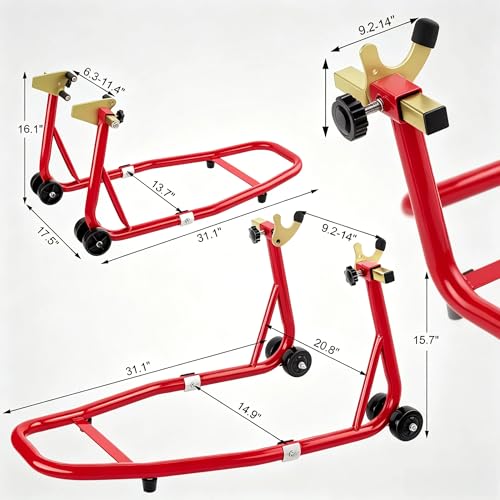 Universal Motorcycle Stand Front Rear Combo, 1000 LBS Heavy Duty Wheel Lift Stands with U Adjustable Swingarm, fits for Diversity of BMW, Suzuki, Yamaha, Honda, Kawasaki, Red - color: Red-2pcs
