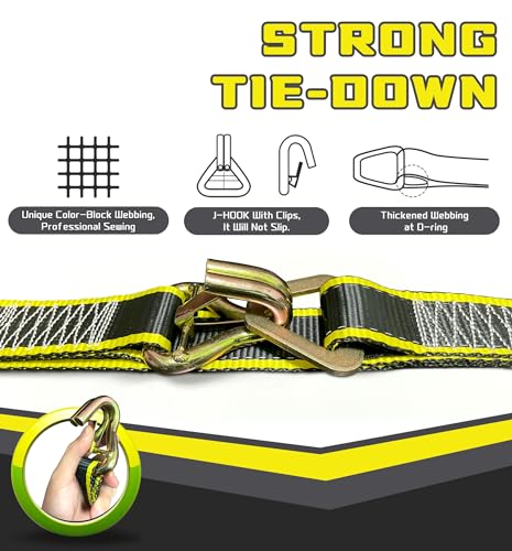 KJE Heavy Duty Car Trailer Tie Down Straps with Reflective - (4) 2" x 10' Ratchet Straps + J-Hooks with Clip, (4) Axle Straps 2" x 36'' - 10,000lbs Break Strength - Use for Car, Truck, UTV Transport