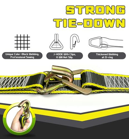 KJE Heavy Duty Car Trailer Tie Down Straps with Reflective - (4) 2" x 10' Ratchet Straps + J-Hooks with Clip, (4) Axle Straps 2" x 36'' - 10,000lbs Break Strength - Use for Car, Truck, UTV Transport
