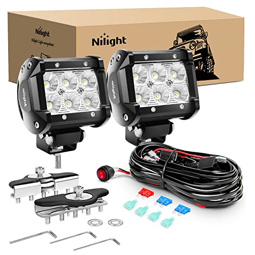 Nilight 2PCS 4Inch 18W Flood LED Pods Universal Adjustable Pillar Hood Off Road Led Work Light with Mount Bracket Wiring Harness-2 Leads, 2 Years Warranty - color: Led Pods+Wiring Harness+Pillar Hood Bracket