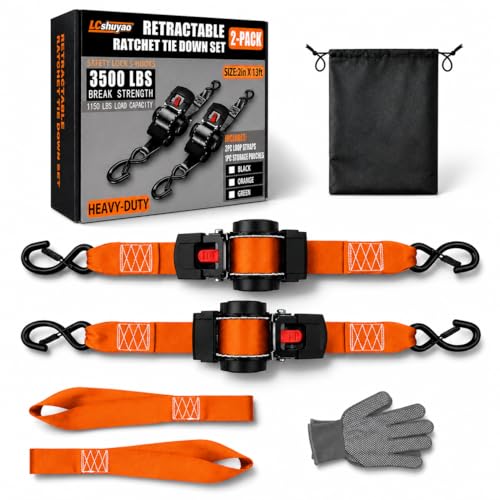 Heavy Duty Retractable Ratchet Tie Down Straps 2" x 13FT 2 Pack, 3500 lbs Break Strength Cargo Straps with Safety Lock S Hooks, No Tangle Tie Downs for Trailer Truck Motorcycle ATV Moving - color: Orange