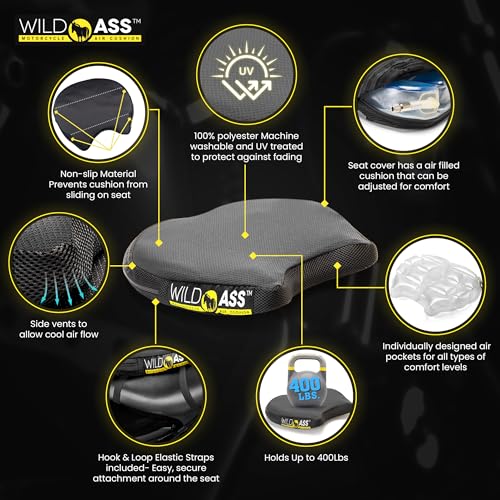 Wild Ass Smart Lite – Motorcycle Air Gel Seat Pad, Ergonomic Air-Adjusting Cushion with Straps, Universal Fit for Ultimate Rider Comfort & Relief, Cool Flow Motorcycle Accessory for Long Rides–Black - style: Lite