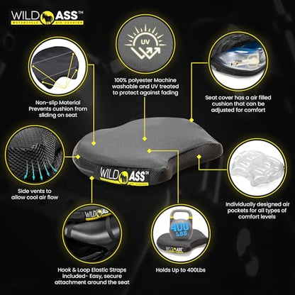 Wild Ass Smart Lite – Motorcycle Air Gel Seat Pad, Ergonomic Air-Adjusting Cushion with Straps, Universal Fit for Ultimate Rider Comfort & Relief, Cool Flow Motorcycle Accessory for Long Rides–Black - style: Lite