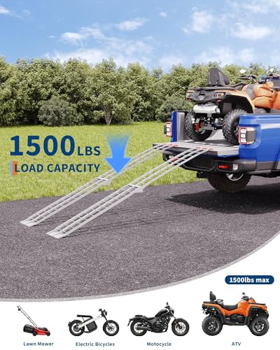 OUTLANE 2 Pack Loading Ramps, 1500 LBS Capacity Heavy Duty Aluminum Foldable Truck Ramps, with Non-Slip Surface & Adjustable Safety Straps for Secure Transport, for Motorcycles, ATV/UTV, Lawn Mowers