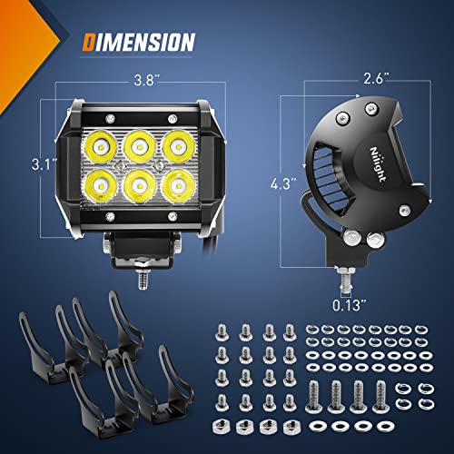 Nilight LED Pods 4Pcs 4 Inch 18W Flood Off Road Fog Lights Driving Roof LED Light Bar Work Light with 16AWG Wiring Harness Kit - 4 Leads for Truck ATV UTV SUV Boat, 2 Years Warranty - size: 4 LED Pods with Wiring Harness