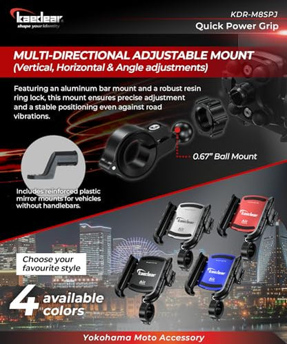 Kaedear Motorcycle Phone Holder, Phone Mount, Air Mount, Vibration Absorbing Mount, Quick Release, Power Grip, KDR-M8SPJ (Black)
