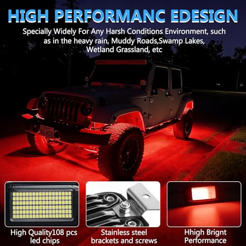 Nicoko 108 High-Power LEDs per Pod 4Pods Red Rock Lights Ultra-Bright Offroad Underglow Kit Advanced Heat Dissipation IP68 Waterproof for Truck, SUV, UTV, ATV, RZR - size: Pure red rock lights