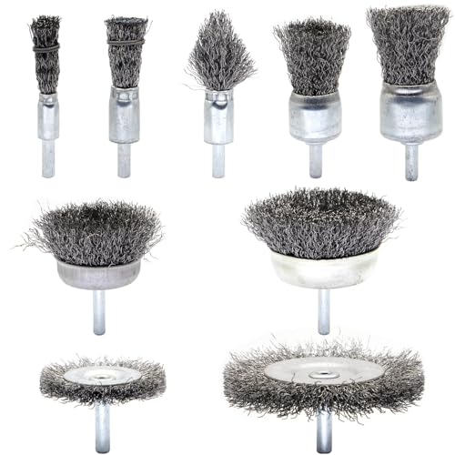 9-Piece Large Wire Brush Wheel Set - Metal Rust Removal, Polishing, Cleaning - 1/4″ (6mm) Shaft - Removes Burrs, Dust, and Paint - Handles Rough Surfaces - Rotary Tool Accessories - style: Set of 9 Large-sized Wire Brushes