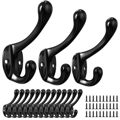 Coat Hooks, 16 Pack Black Metal Heavy Duty Screw-in Wall Hooks for Closet, Backpack, Bag, Clothes - Mounted Door Hooks for Classroom, Cubby Organization - color: 16pcs double hook + Black