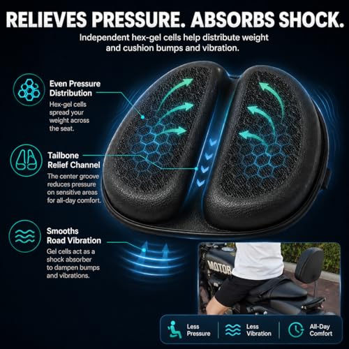Hexrider Motorcycle Seat Cushion, 3D Honeycomb Gel Motor Seat Pad for Long Rides, Ergonomic Shock Absorption TPE Rider Cushion, Universal Non-Slip Breathable Cruiser Touring Seat Cover