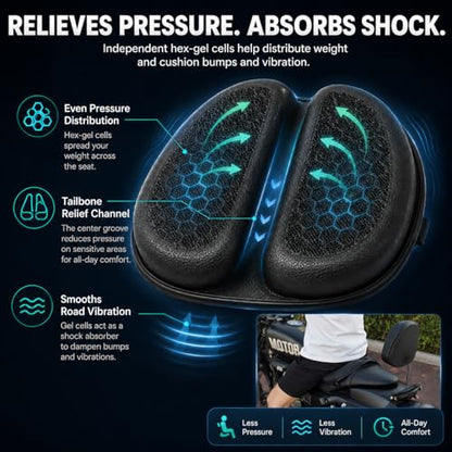 Hexrider Motorcycle Seat Cushion, 3D Honeycomb Gel Motor Seat Pad for Long Rides, Ergonomic Shock Absorption TPE Rider Cushion, Universal Non-Slip Breathable Cruiser Touring Seat Cover