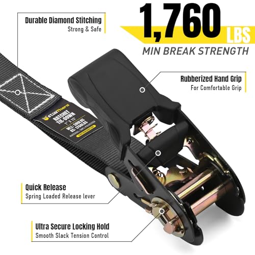 Stay There Ratchet Tie Down Straps 1'' x15', Ratchet Straps with S Hook - 1760lb Break Strength for Securing Motorcycle, Kayak, Truck with Rubber Handles, A Sturdy Bonus Bag & 4 Soft Loops Included - color: Black