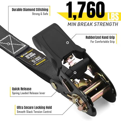 Stay There Ratchet Tie Down Straps 1'' x15', Ratchet Straps with S Hook - 1760lb Break Strength for Securing Motorcycle, Kayak, Truck with Rubber Handles, A Sturdy Bonus Bag & 4 Soft Loops Included - color: Black