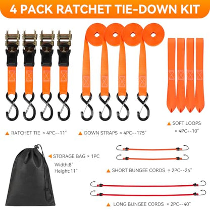 Tie Down Straps Ratchet Set, Ratchet Straps Heavy Duty 1500 LBS Break Strength Tie Downs, Ratchet Straps with S Hooks & Safety Clips, Soft Loops & Storage Bag for Motorcycle Trailer UTV Cargo