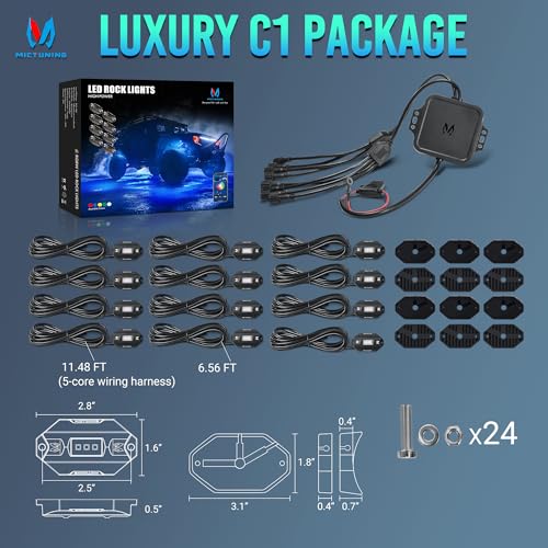 MICTUNING C1 12 Pods RGBW Rock Lights - Multicolor Underglow Neon Light Kit with Bluetooth Controller, APP Control, IP68 Waterproof - size: 12 Pod Lights Kit