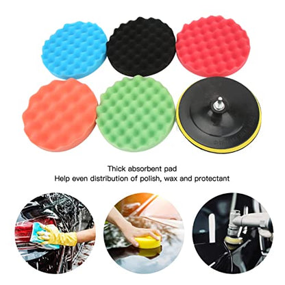 7Pcs 7in Polishing Sponge Pads Kit with Drill Adapter for Car Waxing Buffing and Dusting on RVs Motorcycles