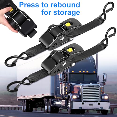 Retractable Ratchet Straps 2 Inch x 10 Feet, Heavy Duty Auto Retract Tie Down Straps, 3500 lb Break Strength Cargo Straps with Steel Hooks for Truck, Trailer, Moving, 2 Pack