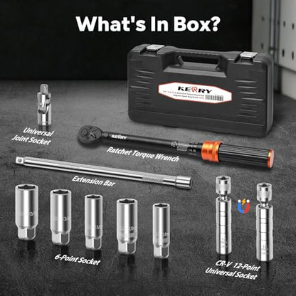 Kerry 3/8-Inch Drive 5-45 ft-lb / 6.8-61 Nm Spark Plug Torque Wrench Set, 10-Piece Kit with Magnetic Swivel Sockets, 10-Inch Extension Bar and Universal Joint - size: 5-45FT.LB 10-piece, style: 3/8"