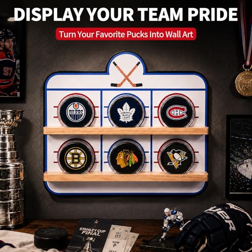 Hockey Puck Display Case，6 Pack Acrylic Clear Box Holder with Wooden Base Ice Hockey Rink Designed , Showcase for Autographed Memorabilia - size: 15.7ln×13.3ln×2.7ln