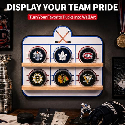 Hockey Puck Display Case，6 Pack Acrylic Clear Box Holder with Wooden Base Ice Hockey Rink Designed , Showcase for Autographed Memorabilia - size: 15.7ln×13.3ln×2.7ln