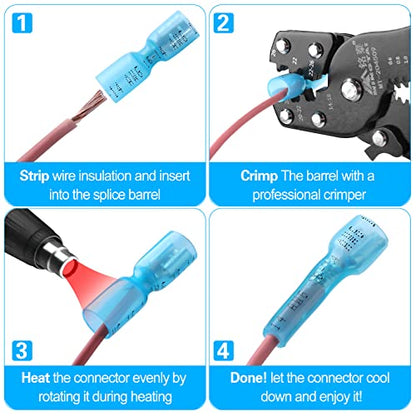 100 PCS 16-14 AWG Waterproof Heat Shrink Quick Disconnect Connectors, Crimp Electrical Wire Female Spade Connectors Insulated Disconnect for Marine Automotive Motorcycle Home Wiring (Blue) - size: [16-14 AWG] Female x 100