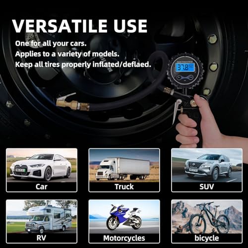 Tire Pressure Gauge with Inflator, 250 PSI Air Chuck and Compressor Accessory, Heavy Duty, with Quick Connector, 0.1 Display Resolution, Car, Motorcycle, SUV, Truck, RV Accessory