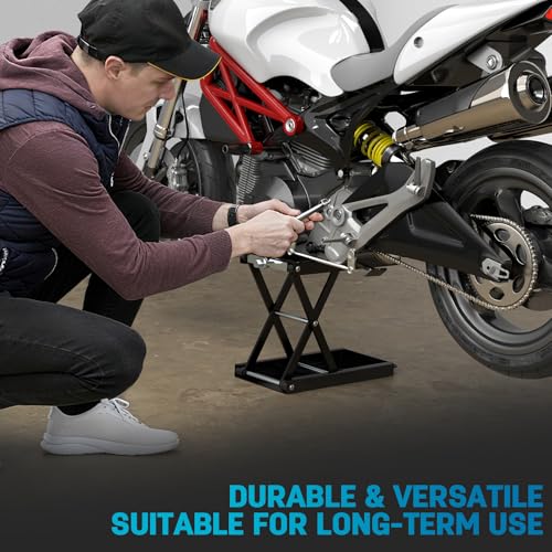 Heavy-Duty Motorcycle Lift Stand, Black Steel, 1100 LBS Capacity | Wide Anti-Slip Deck, J Crank Handle & Socket, Scissor Lift Design, For Cruisers, Dirt Bikes, Street Bikes, ATVs
