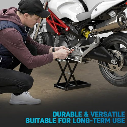 Heavy-Duty Motorcycle Lift Stand, Black Steel, 1100 LBS Capacity | Wide Anti-Slip Deck, J Crank Handle & Socket, Scissor Lift Design, For Cruisers, Dirt Bikes, Street Bikes, ATVs
