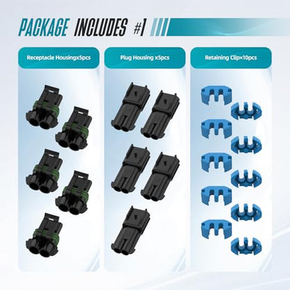 2 Pin Weather Pack Connectors Kit 5 Sets Automotive Waterproof Electrical Connectors with Blue Secondary Lock Sealed Male Female Terminals and Heat Shrink Tubing for 14-12 AWG - size: 2pin 5sets/14-12AWG