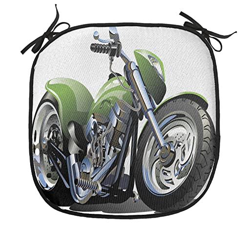 Lunarable Motorcycle Chair Cushion Pad, Motorcycle Design with Supreme Tires Action Urban Life Graphic Design Art, Seat Padding for Kitchen & Patio with Anti-Slip Backing, 16"x16", Grey and Green - color: Grey and Green, size: Pack of 1
