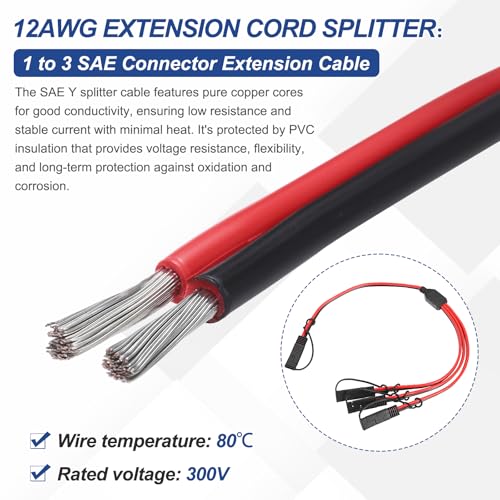 MECCANIXITY SAE Y Splitter Cable, 12AWG Extension Cord Splitter 1 to 3 SAE Connector Extension Cable 1.8 ft with Waterproof Caps & Polarity Reverse Adapter for Solar Panel Battery Charger - size: 12AWG, 1.8 ft
