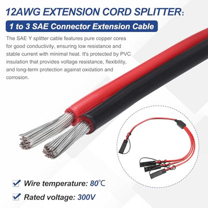 MECCANIXITY SAE Y Splitter Cable, 12AWG Extension Cord Splitter 1 to 3 SAE Connector Extension Cable 1.8 ft with Waterproof Caps & Polarity Reverse Adapter for Solar Panel Battery Charger - size: 12AWG, 1.8 ft