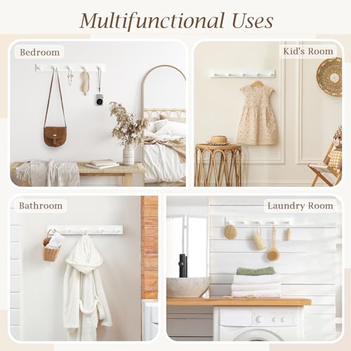 Coat Rack Wall Mount, Wooden Coat Hanger with 5 Hooks, Heavy Duty, White, 1 Pcs - color: White