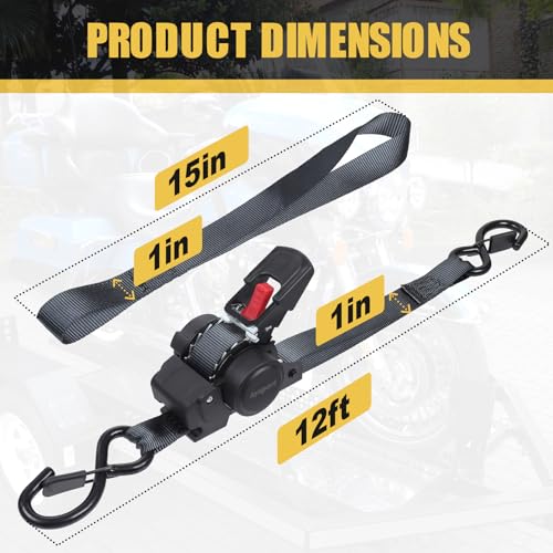 Ayaport Retractable Ratchet Straps 1in X 12ft(2PK)-1500lb Break Strength, Heavy Duty Ratchet Straps Self Retractable Tie Downs with Soft Loops for Motorcycle, Dirt Bike, Cargo, Truck Accessories - size: 1"x12'-2pc