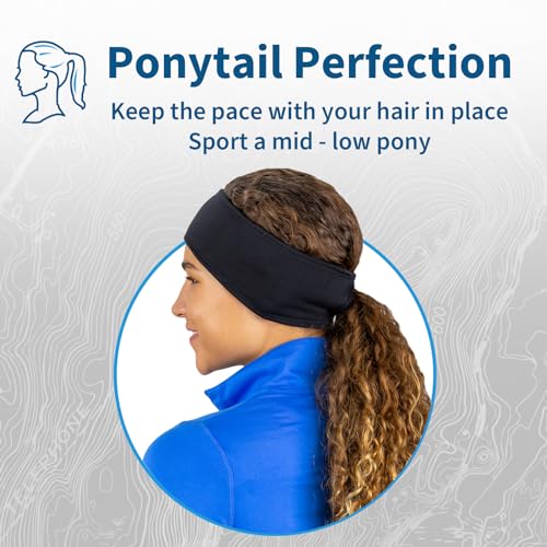 TrailHeads Womens Ponytail Headband - Moisture Wicking Hair Headband for Running, Winter, Workout - Athletic Headband Women - color: black