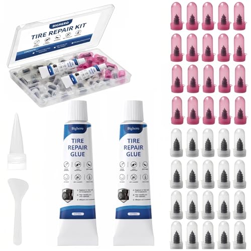 Bighero 40PCS Tire Repair Rubber Nails Kit – 2026 Upgraded Screw in Tire Plugs with Sealant Glue for Car Motorcycle Truck Tractor SUV, Self-Service Flat Tire Puncture Repair