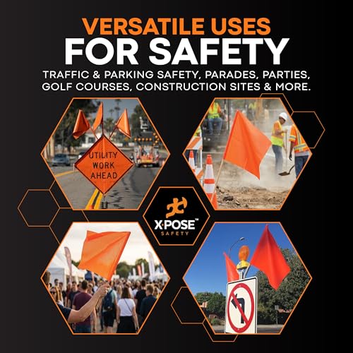 Xpose Safety Orange Vinyl Safety Flags 18" x 18" with 24" Wooden Staff, 12 Pack – High Visibility Warning Flags for Road Crews, Construction Zones, Parking Lots & Emergency Response - size: 24" Wooden Stick